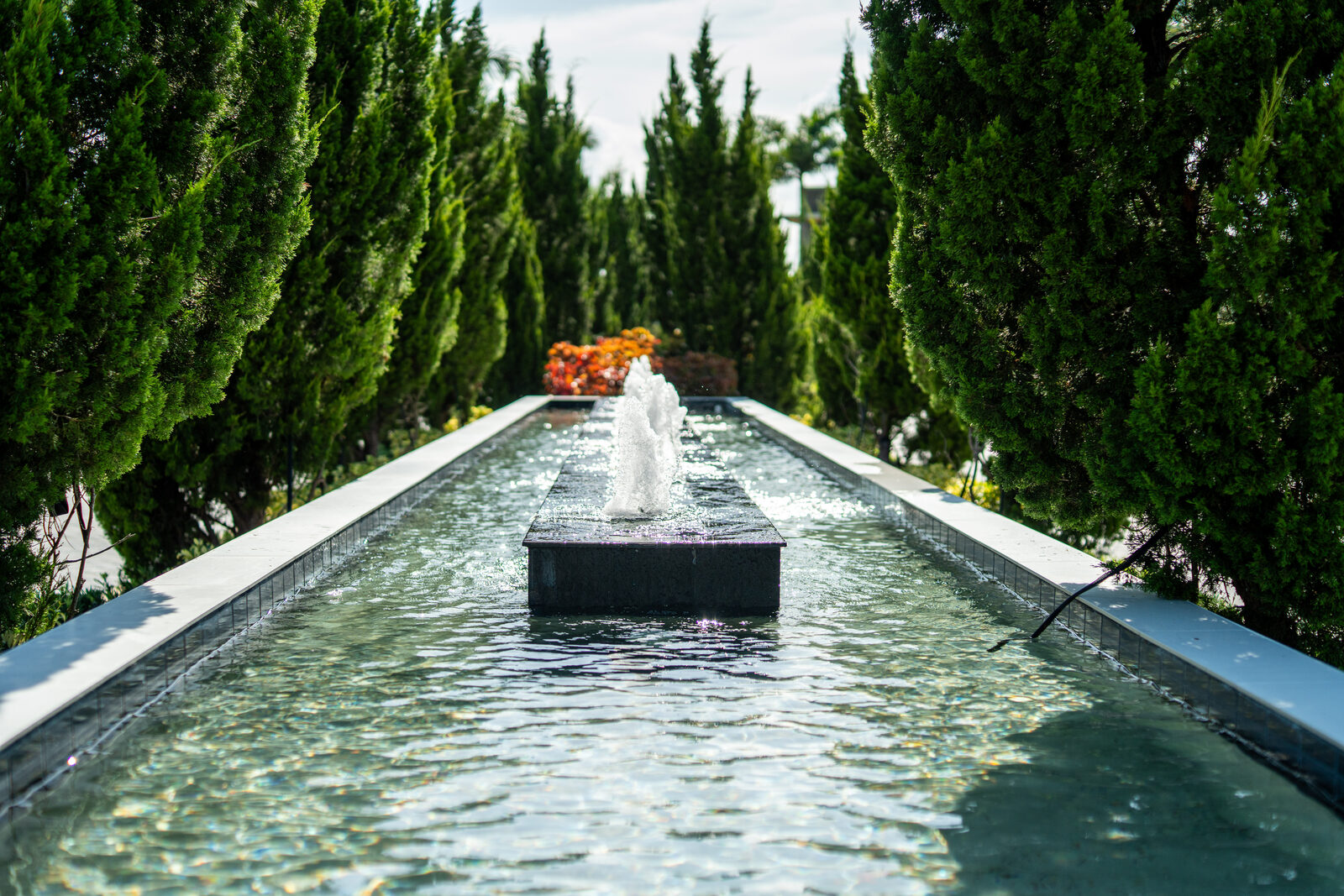 Community reflecting pool with a bubbler fountain feature and cypress hedge in Parkland, Florida