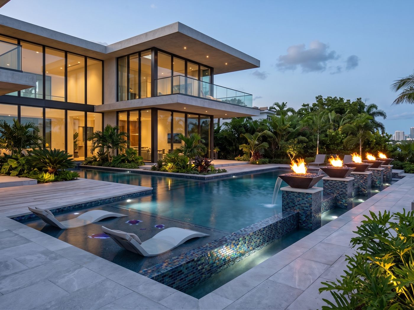 PebbleBrilliance Majestic Sound pool finish on a modern pool with a sun shelf, glass tile and fire bowls at dusk
