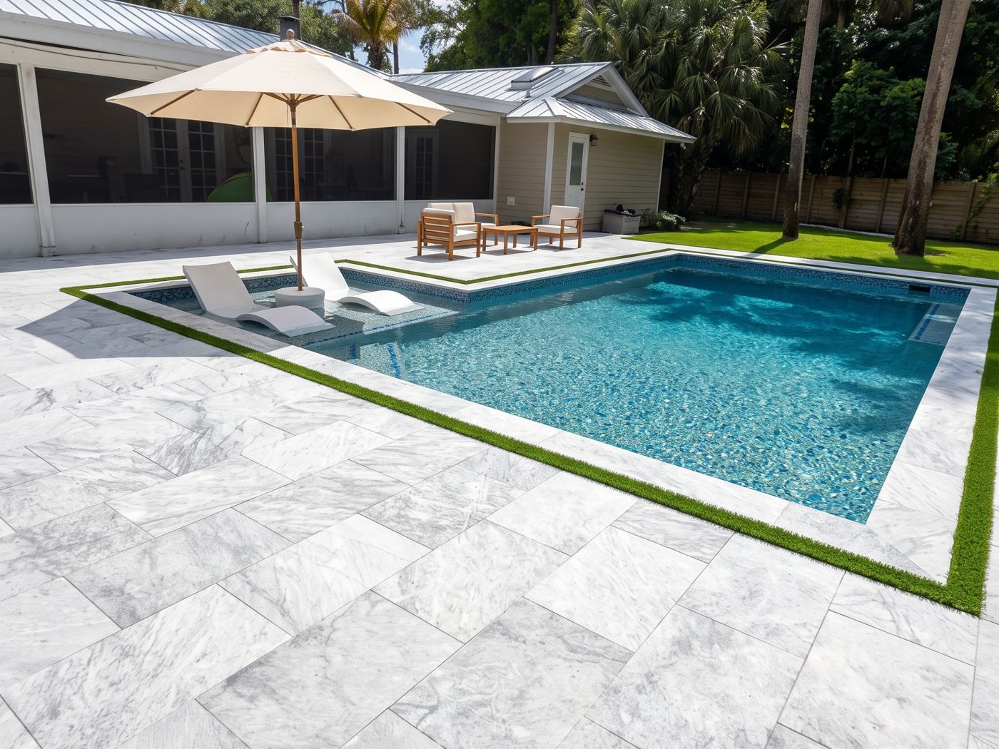 PebbleSheen Aqua Blue pool finish with a sun shelf, turf inlay and white marble deck in South Florida